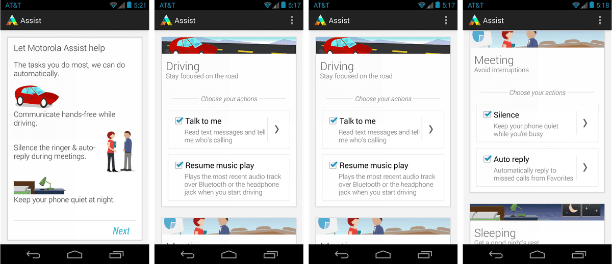 Assist's automation model — the phone detects the activity and offers actions the user opts into with a single tap