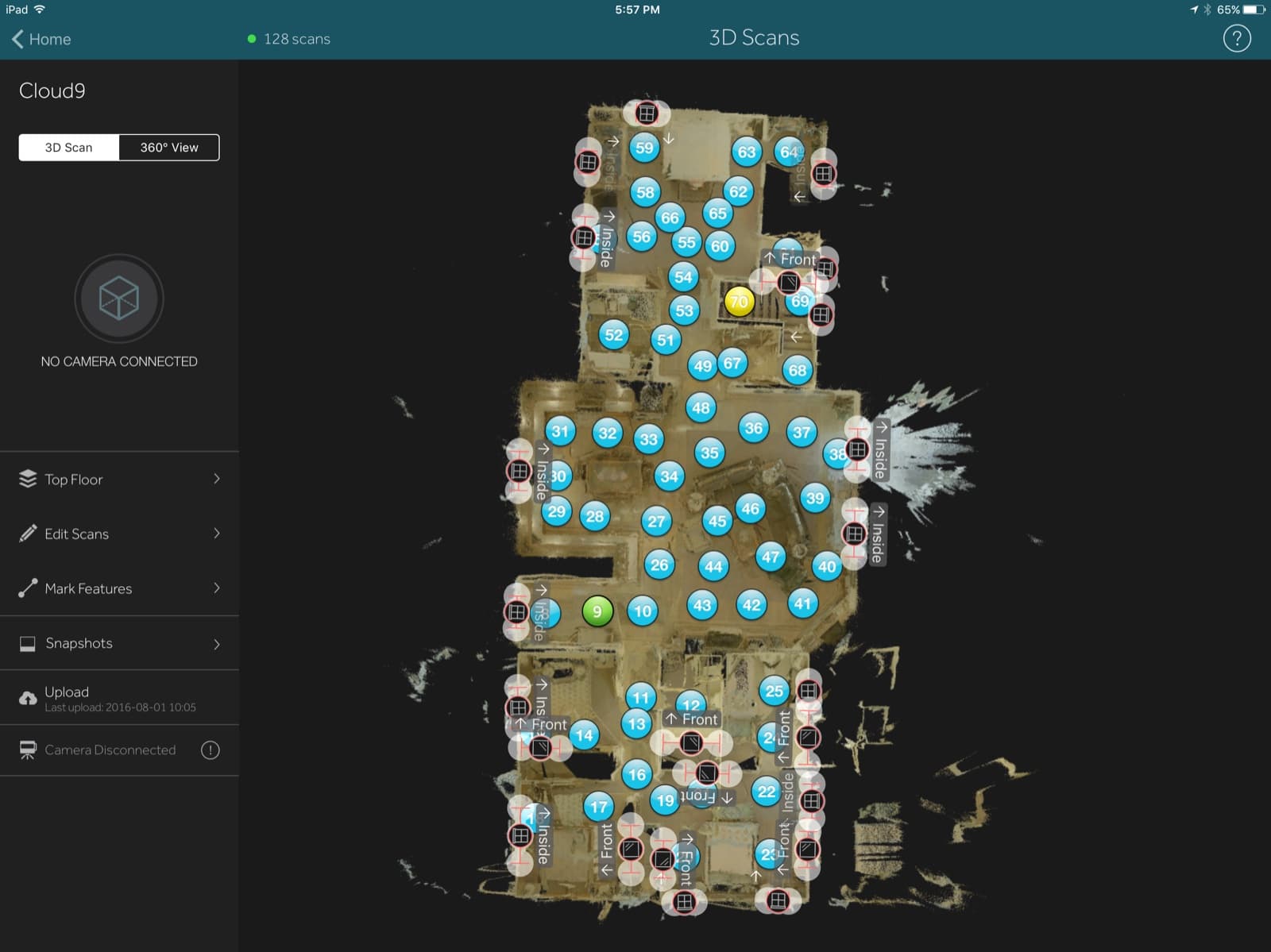 Matterport Capture on iPad — Floor Plan view showing 128 numbered scans laid out on the Cloud9 project, with sidebar navigation (Top Floor, Edit Scans, Mark Features, Snapshots, Upload) and a Camera Disconnected status