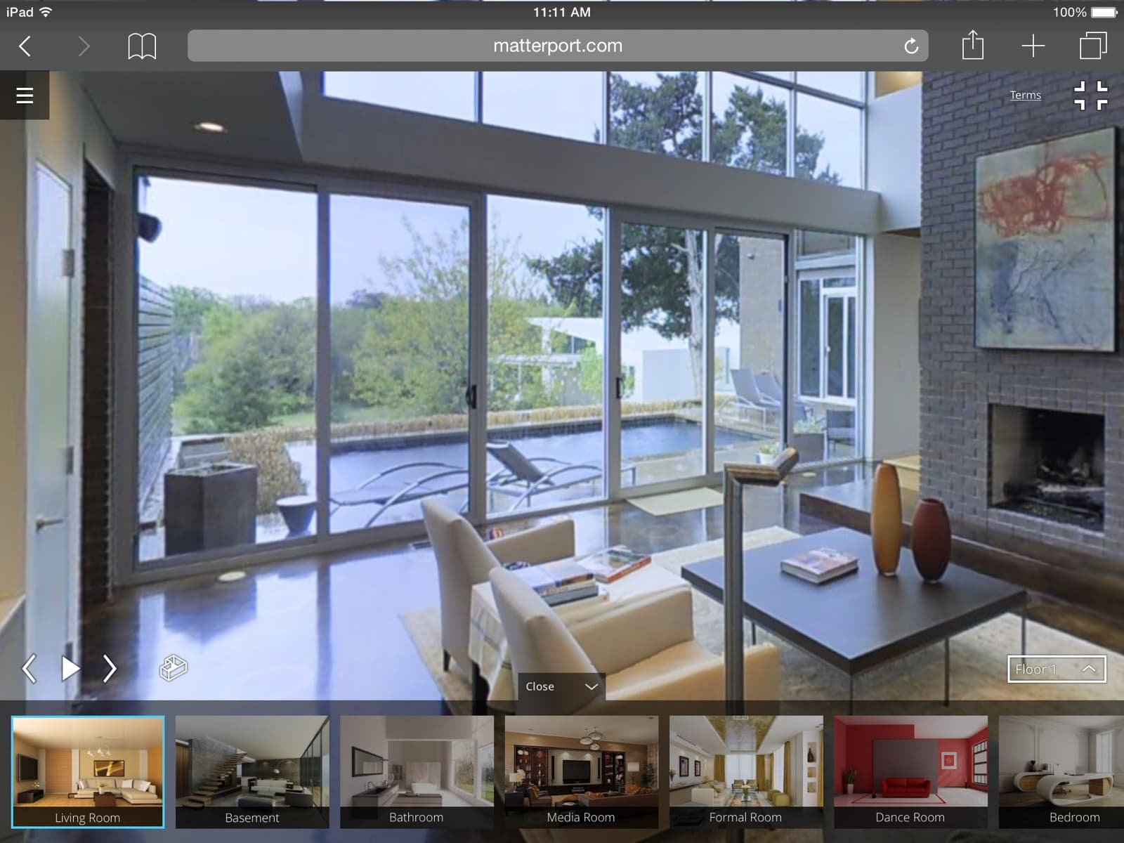 Matterport Showcase on iPad — Inside view with the highlight-reel filmstrip showing labeled room thumbnails (Living Room, Basement, Bathroom, Media Room, Formal Room, Dance Room, Bedroom) across the bottom