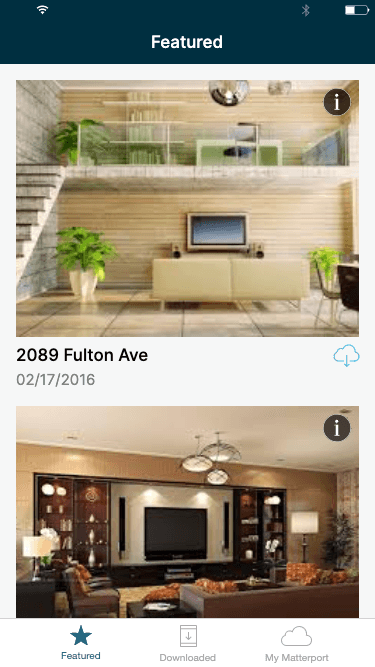Matterport Viewing App on iPhone — Featured tab showing the public-models browse with bottom-tab navigation