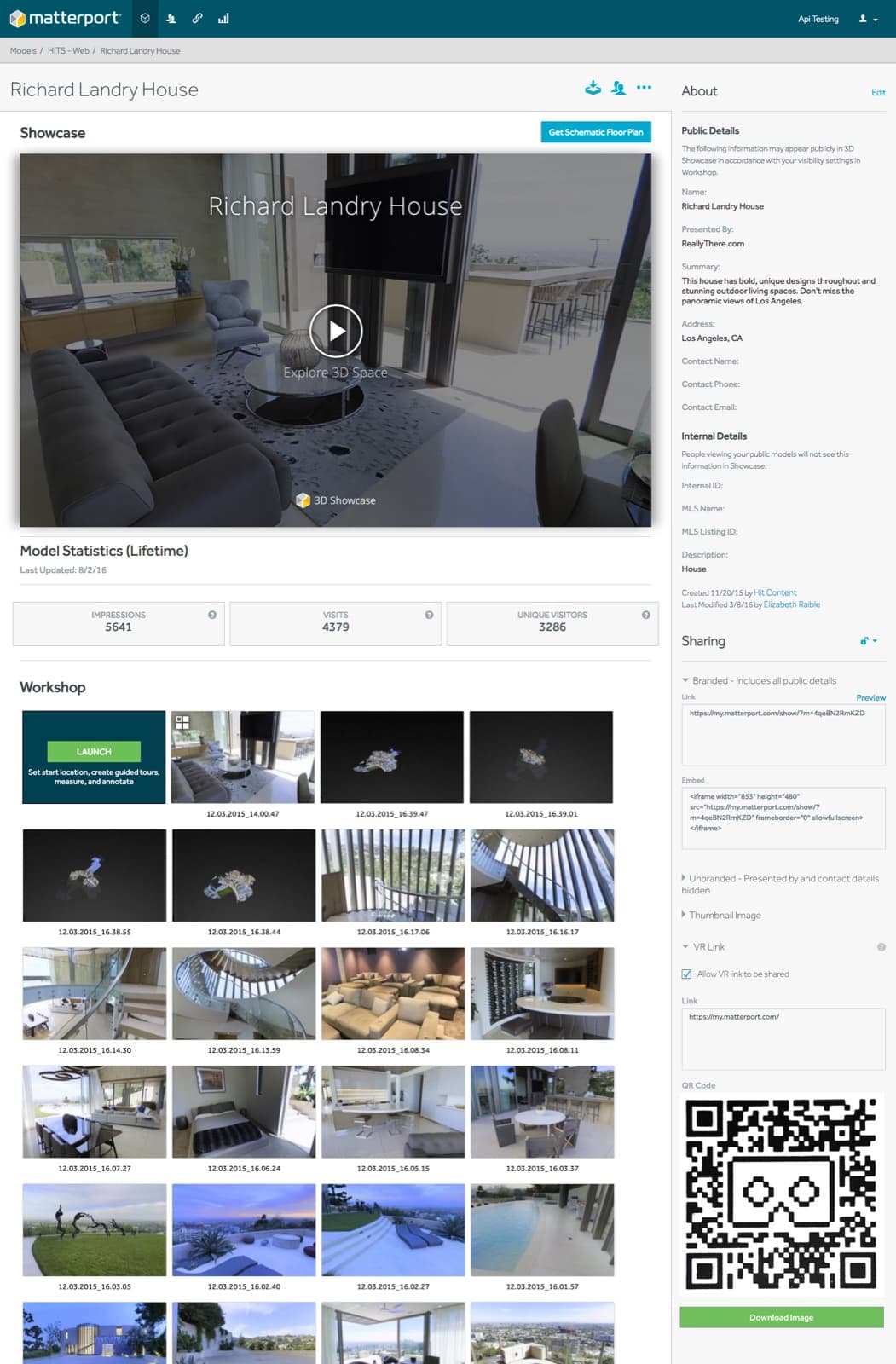my.matterport.com model dashboard — Showcase preview, lifetime statistics (impressions / visits / unique visitors), the green LAUNCH button entering Workshop, scan thumbnail grid below, sharing and metadata in the right sidebar