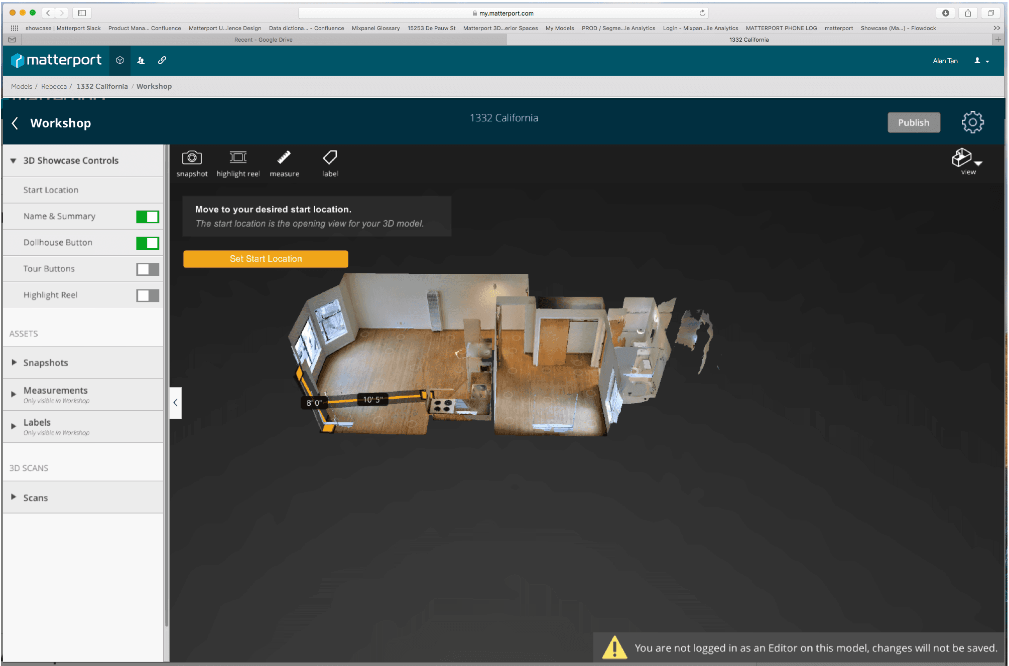 Matterport Workshop editor on my.matterport.com — full sidebar showing 3D Showcase Controls, ASSETS (Snapshots, Measurements, Labels), and 3D Scans; canvas mid-task setting the model's start location
